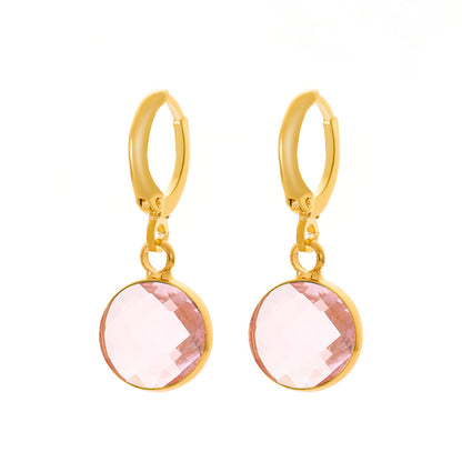 Pink Crystal and 18K Gold-Plated Round Huggie Earrings, gold huggie earrings, dainty minimalist design, side view