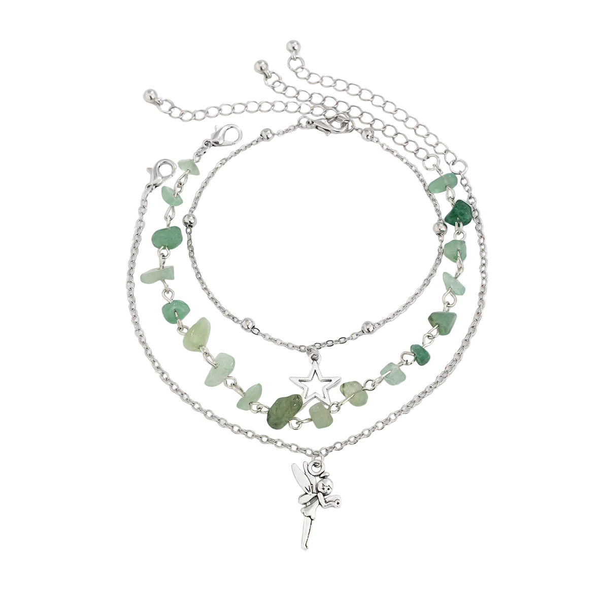 Multi-Colored Qurtz & Silvertone Beads Star Fairy Charm Anklet Set - Street Region