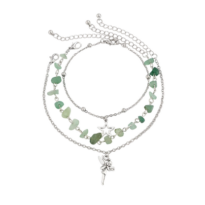 Multi-Colored Qurtz & Silvertone Beads Star Fairy Charm Anklet Set - Street Region