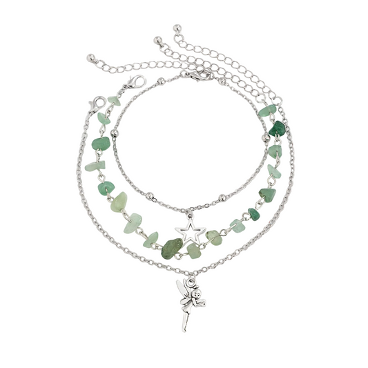 Multi-Colored Qurtz & Silvertone Beads Star Fairy Charm Anklet Set - Street Region