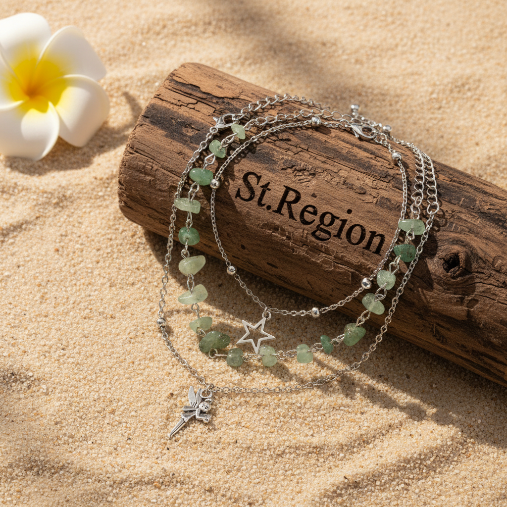Multi-Colored Qurtz & Silvertone Beads Star Fairy Charm Anklet Set - Street Region