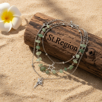 Multi-Colored Qurtz & Silvertone Beads Star Fairy Charm Anklet Set - Street Region