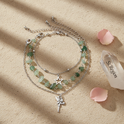 Multi-Colored Qurtz & Silvertone Beads Star Fairy Charm Anklet Set - Street Region