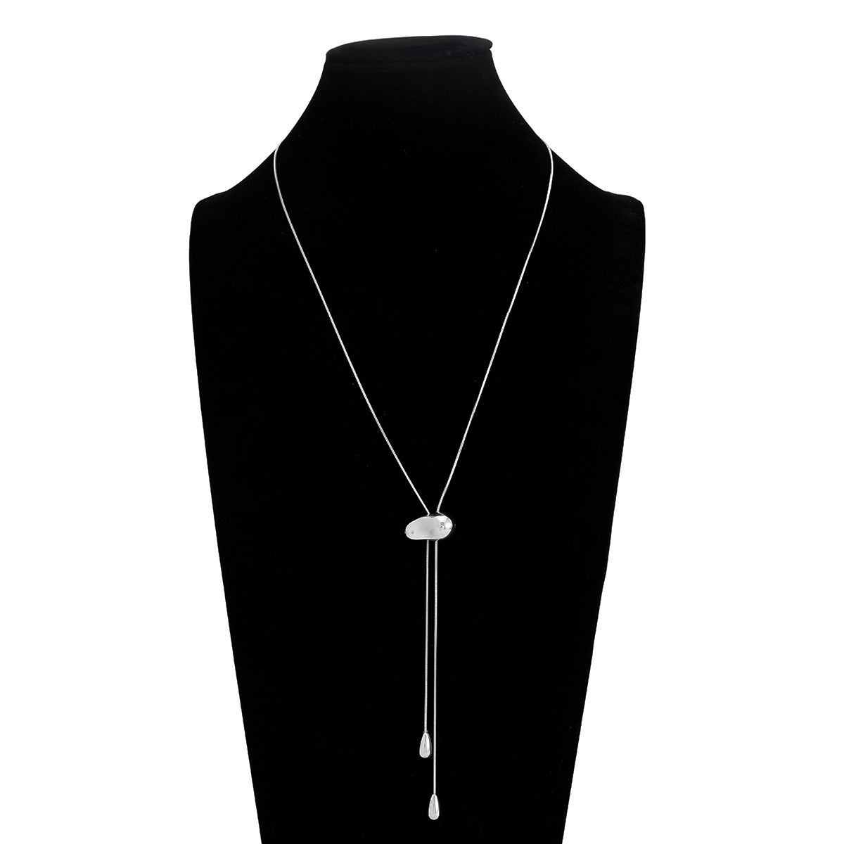 Silvertone Drop Tassel Lariat Necklace, dainty minimalist design, front view
