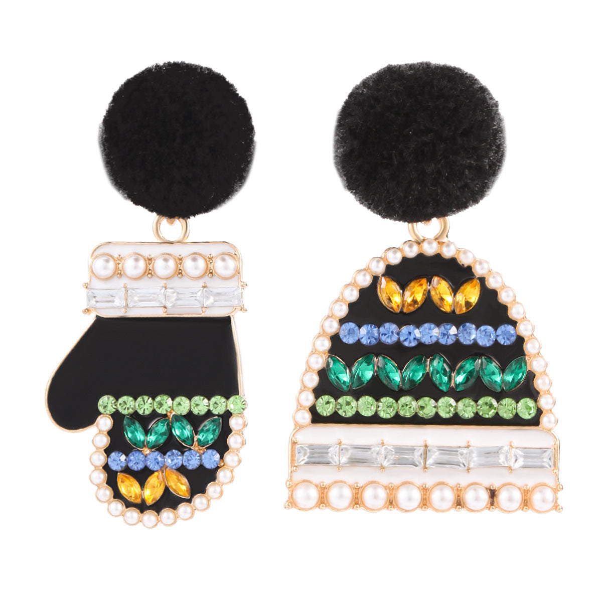 Black Cubic Zirconia and Pearl Hat and Mitten Drop Earrings, drop earrings for women, vintage-inspired design, side view