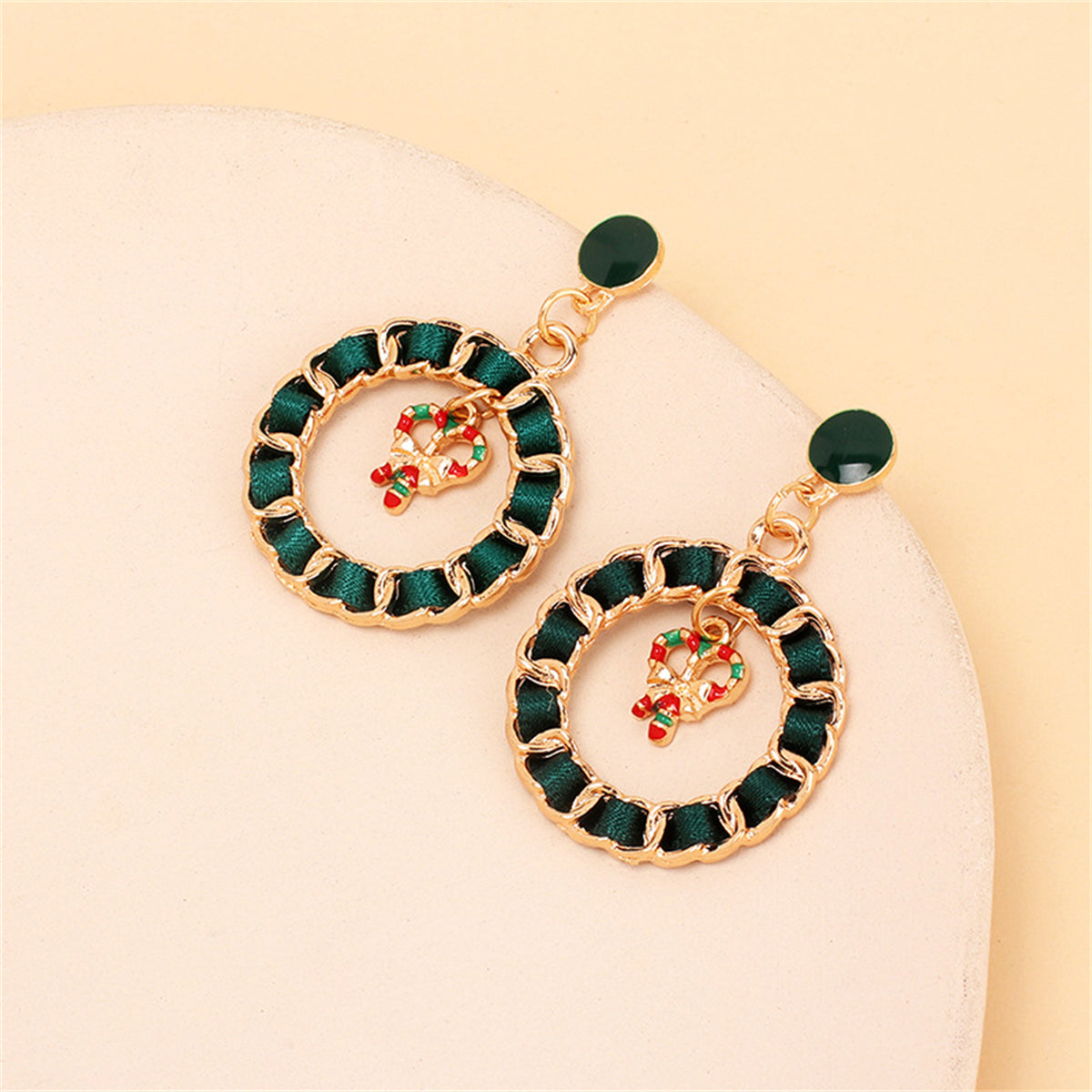 Black Ribbon and Enamel 18K Gold-Plated Candy Cane Figaro Drop Earrings, gold drop earrings for women, detail close-up