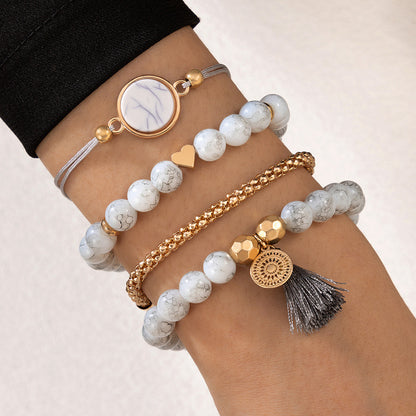 Gray Turquoise and 18K Gold-Plated Stretch Bracelet Set, jewelry gift sets for women, dainty minimalist design, front view