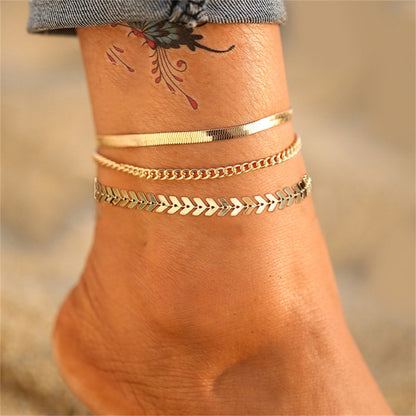 18K Gold-Plated Chain Trio Anklet Set, jewelry gift sets for women, vintage-inspired design, front view