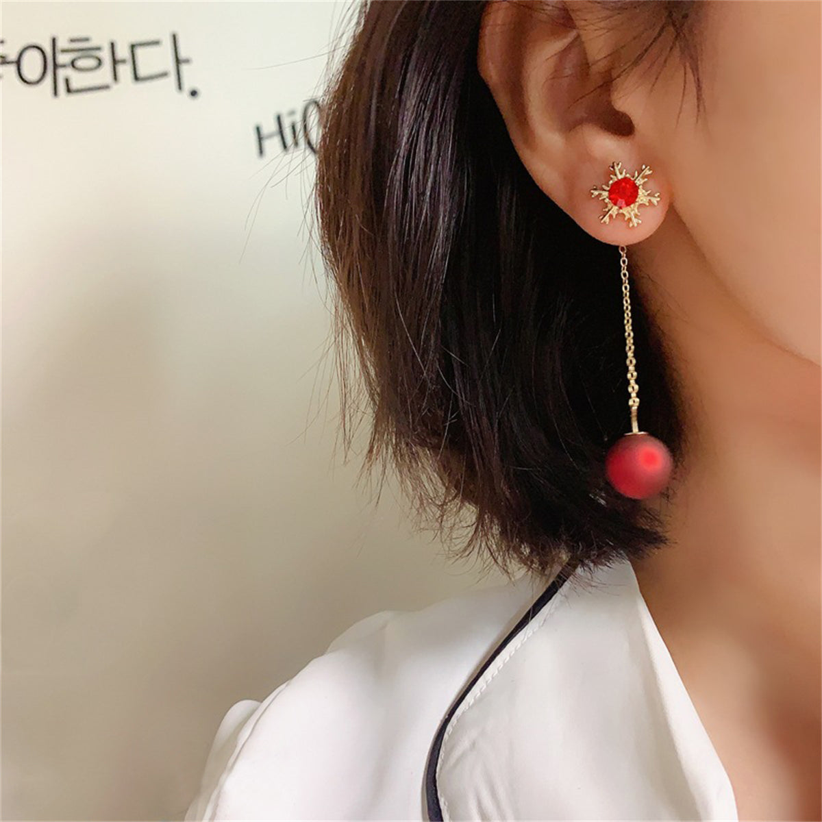 Red Resin and 18K Gold-Plated Zirconia-Accent Snowflake Ear Jackets, gold drop earrings for women, front view