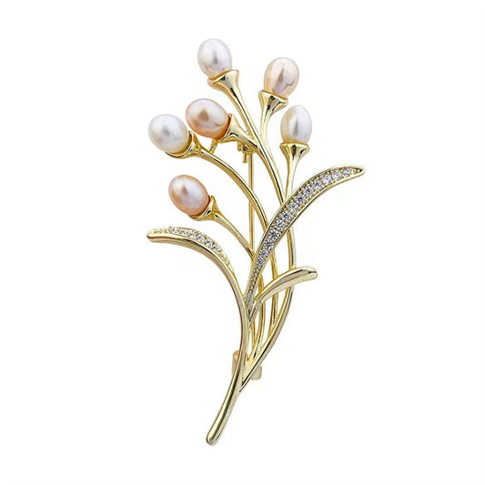 Pearl and Cubic Zirconia 18K Gold-Plated Wheat-Ear Brooch, gold brooch pin, botanical inspired, front view