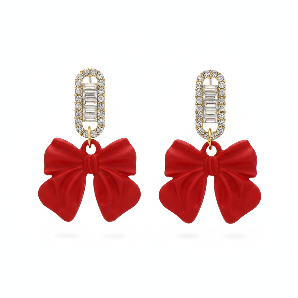 Red Acrylic & Cubic Zirconia Bow Baguette-Cut Drop Earrings - Street Region