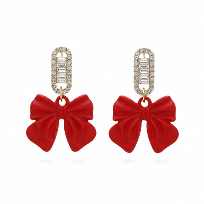 Red Acrylic & Cubic Zirconia Bow Baguette-Cut Drop Earrings - Street Region