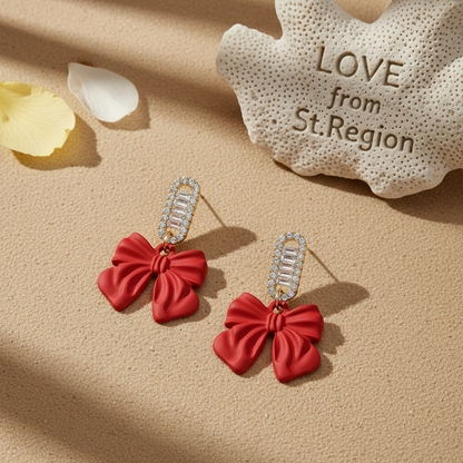 Red Acrylic & Cubic Zirconia Bow Baguette-Cut Drop Earrings - Street Region