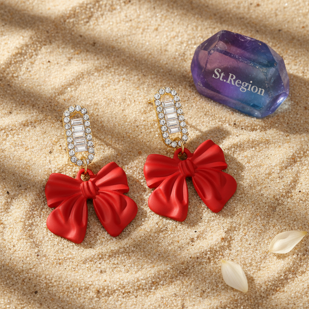 Red Acrylic & Cubic Zirconia Bow Baguette-Cut Drop Earrings - Street Region