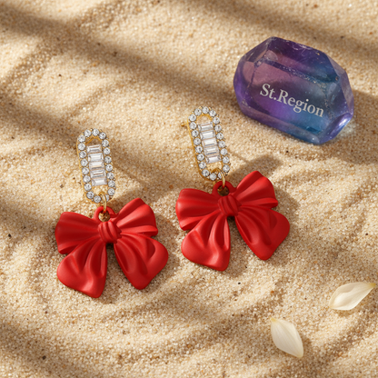 Red Acrylic & Cubic Zirconia Bow Baguette-Cut Drop Earrings - Street Region