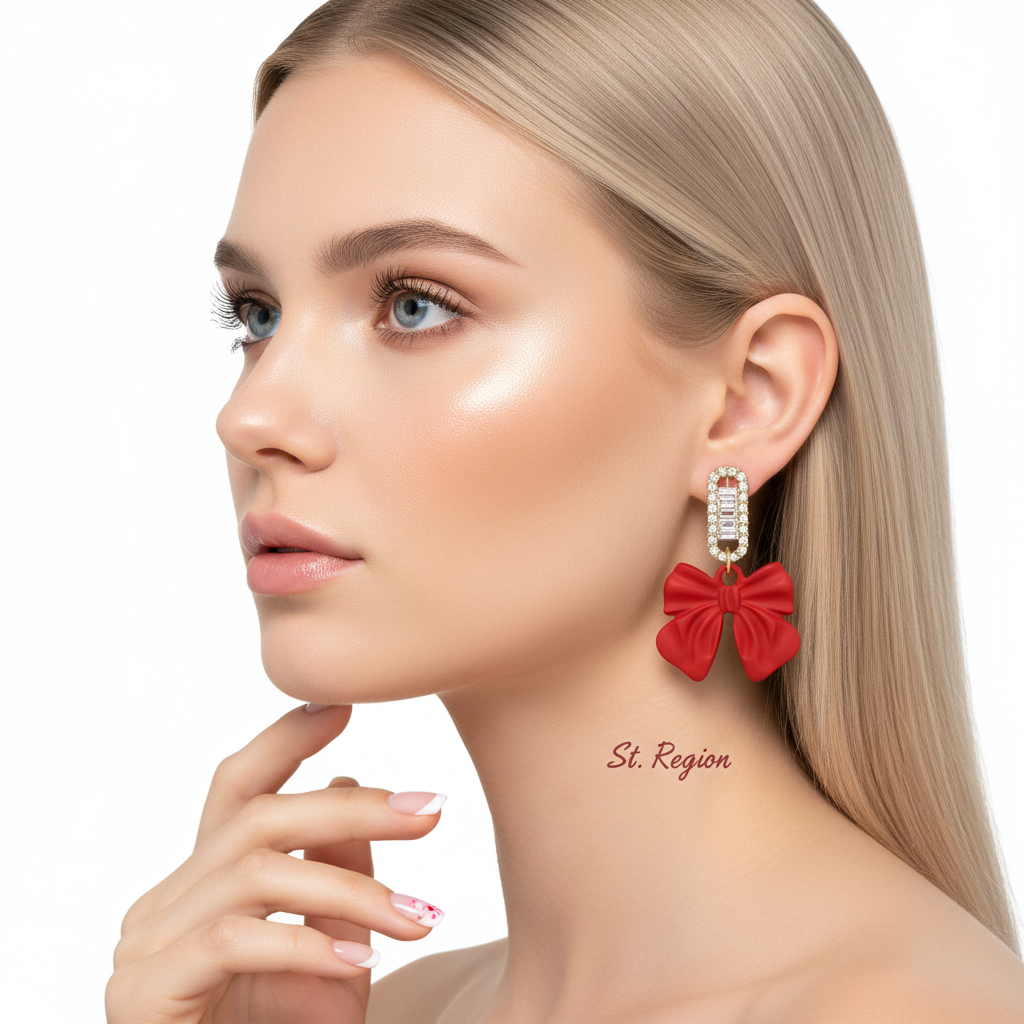 Red Acrylic & Cubic Zirconia Bow Baguette-Cut Drop Earrings - Street Region