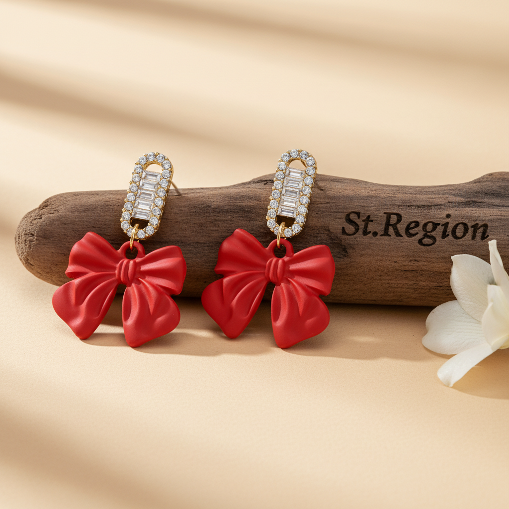 Red Acrylic & Cubic Zirconia Bow Baguette-Cut Drop Earrings - Street Region