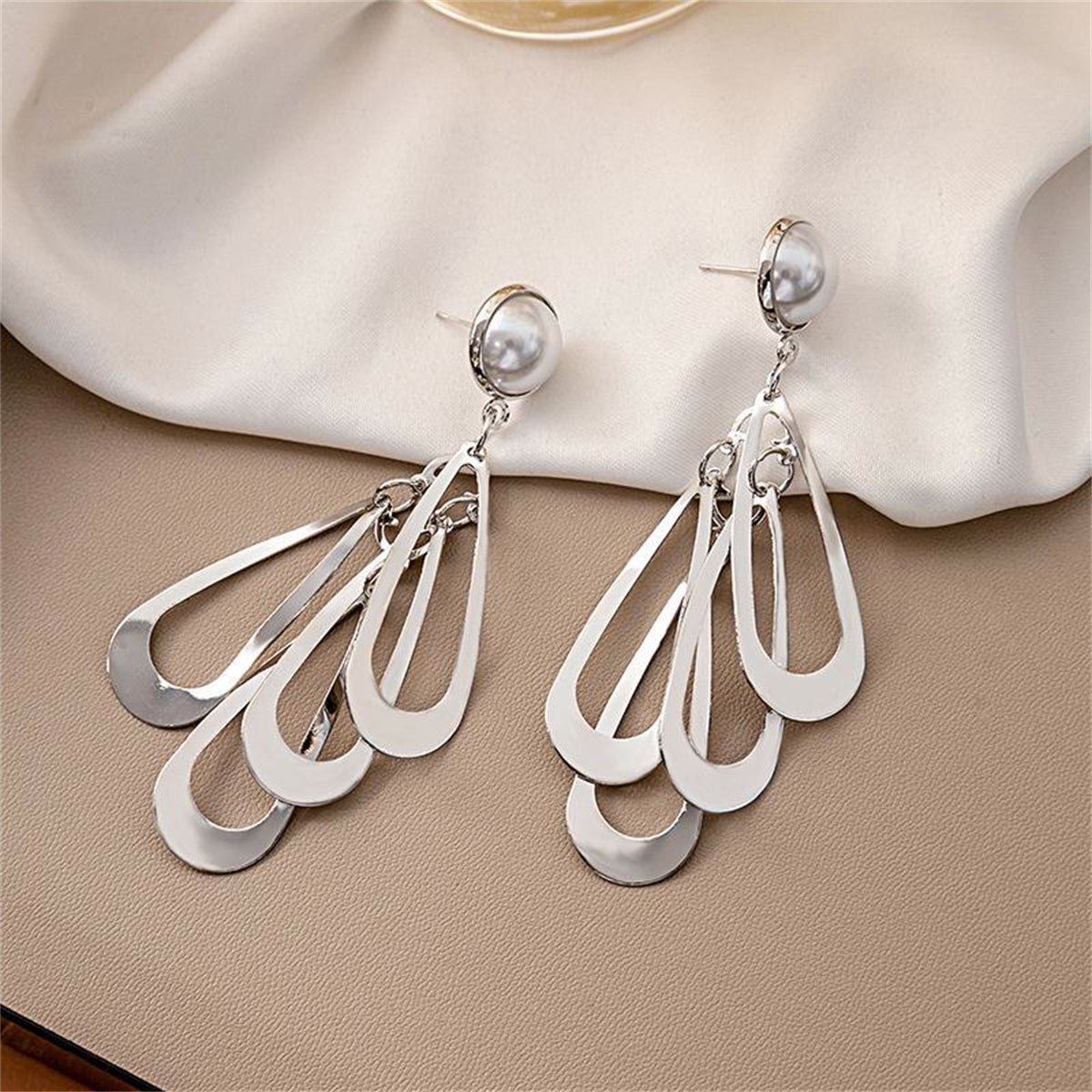 Pearl & Silver-Plated Layered Petal Drop Earrings