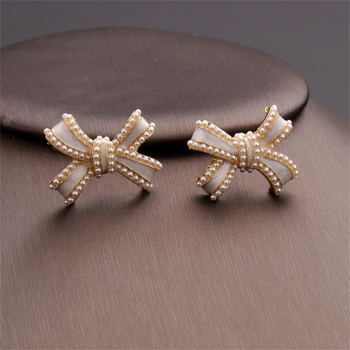 White Enamel & Pearl Bow Stud Earrings