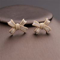 White Enamel & Pearl Bow Stud Earrings