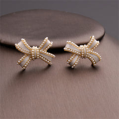 White Enamel & Pearl Bow Stud Earrings