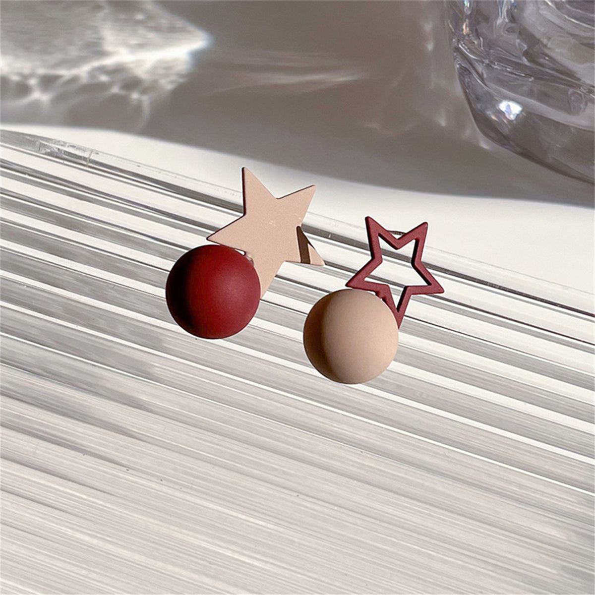 Blush & Red Enamel Star & Round Asymmetrical Dangle Earrings