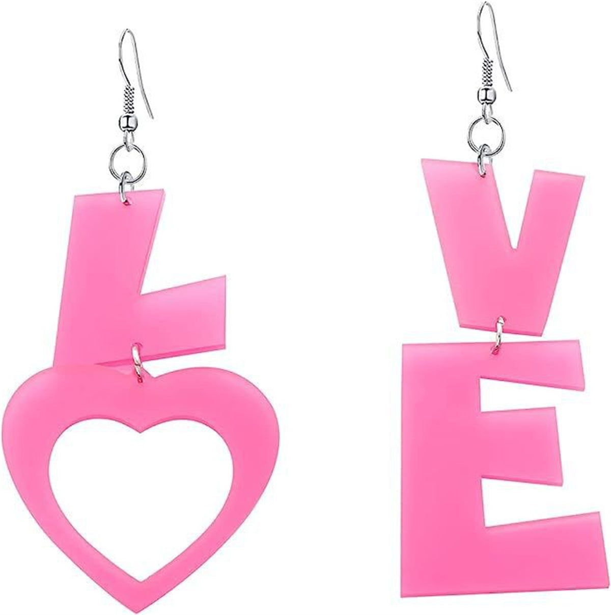 Pink Acrylic and Silver-Plated 'LOVE' Mismatched Drop Earrings, silver drop earrings for women, side view