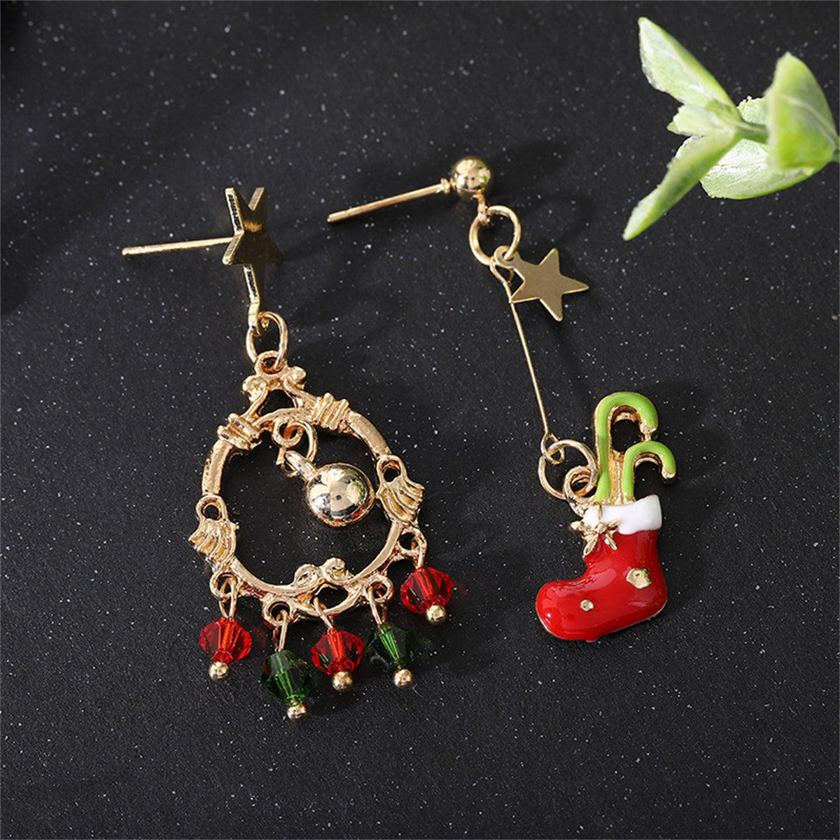 Red Enamel and Acrylic 18K Gold-Plated Boot Mismatch Drop Earrings, gold drop earrings for women, detail close-up
