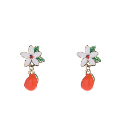 Cubic Zirconia and Orange Gardenia and Persimmon Drop Earrings, drop earrings for women, botanical inspired, detail close-up