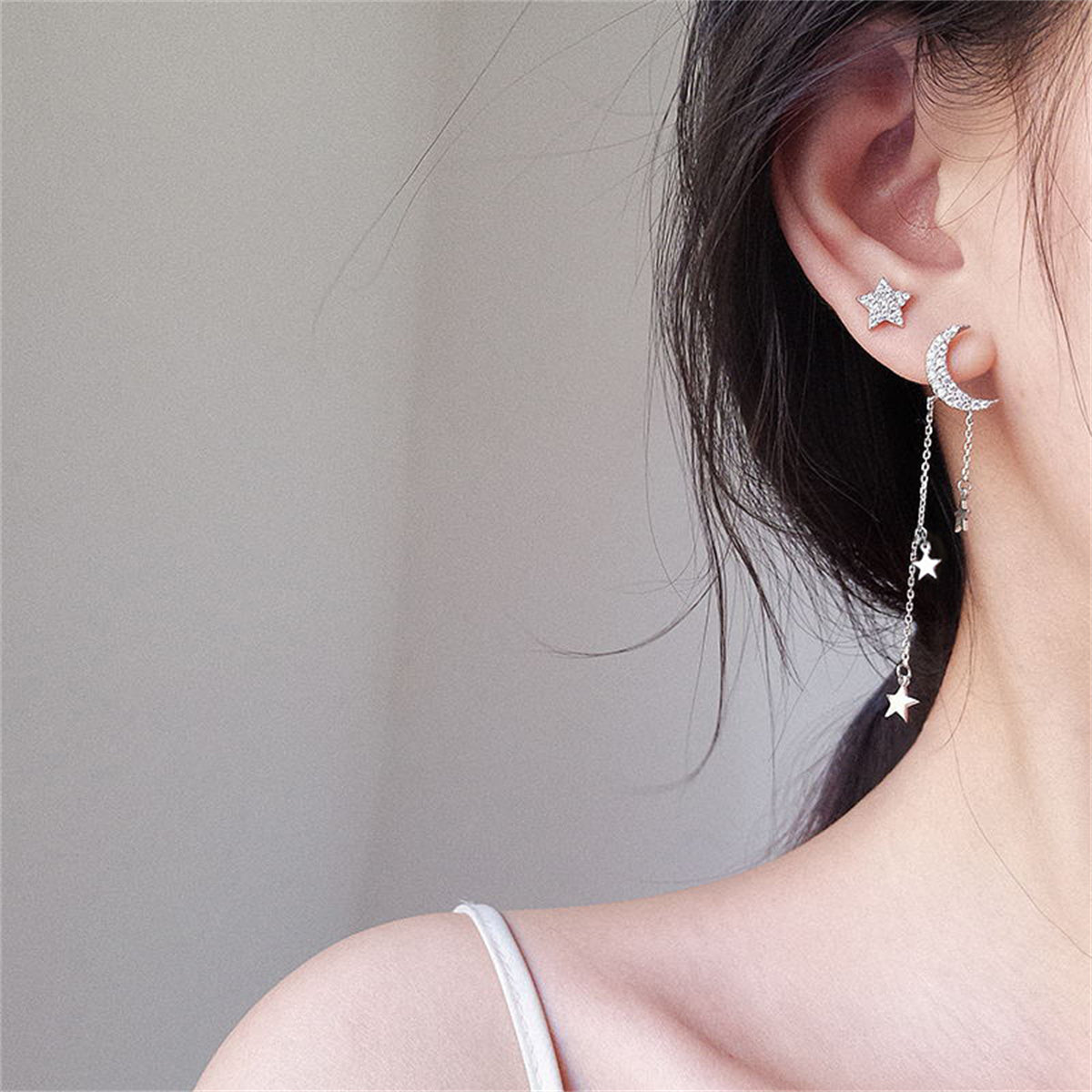 Cubic Zirconia & Silver-Plated Star Stud Earring & Moon Tassel Drop Earring