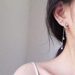 Cubic Zirconia & Silver-Plated Star Stud Earring & Moon Tassel Drop Earring