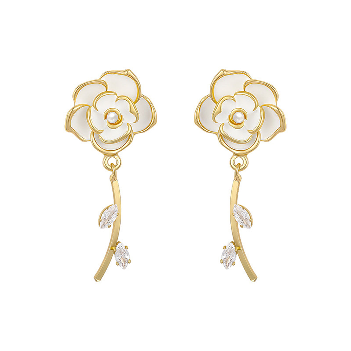 White Enamel & Cubic Zirconia 18K Gold-Plated Floral Drop Earrings