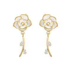 White Enamel & Cubic Zirconia 18K Gold-Plated Floral Drop Earrings