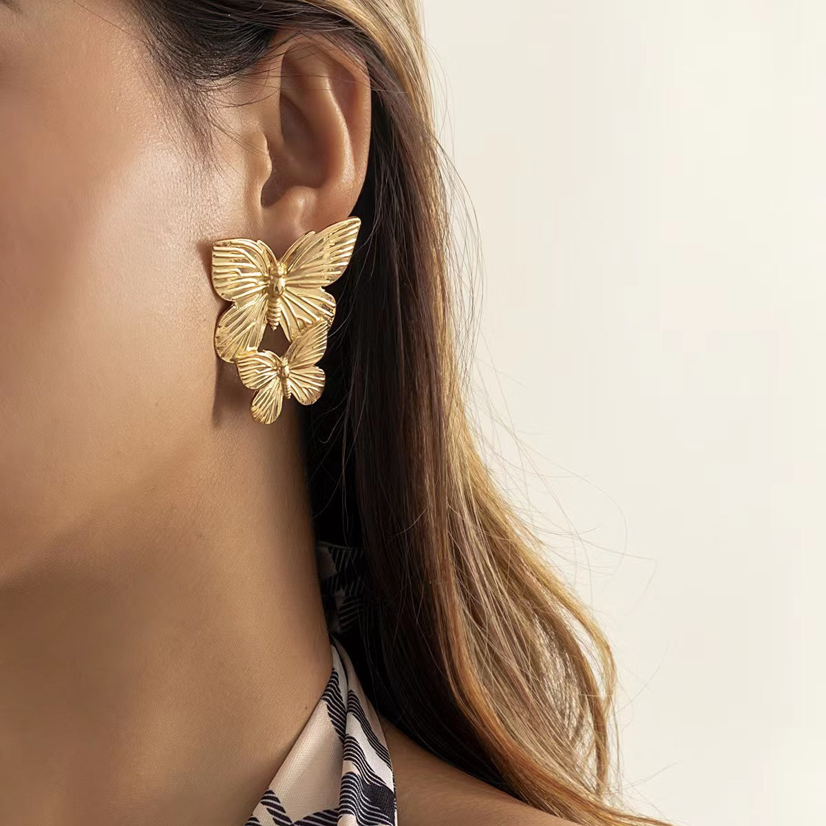 18K Gold-Plated Double-Butterfly Dangle Earrings, gold drop earrings for women, dainty minimalist design, lifestyle look
