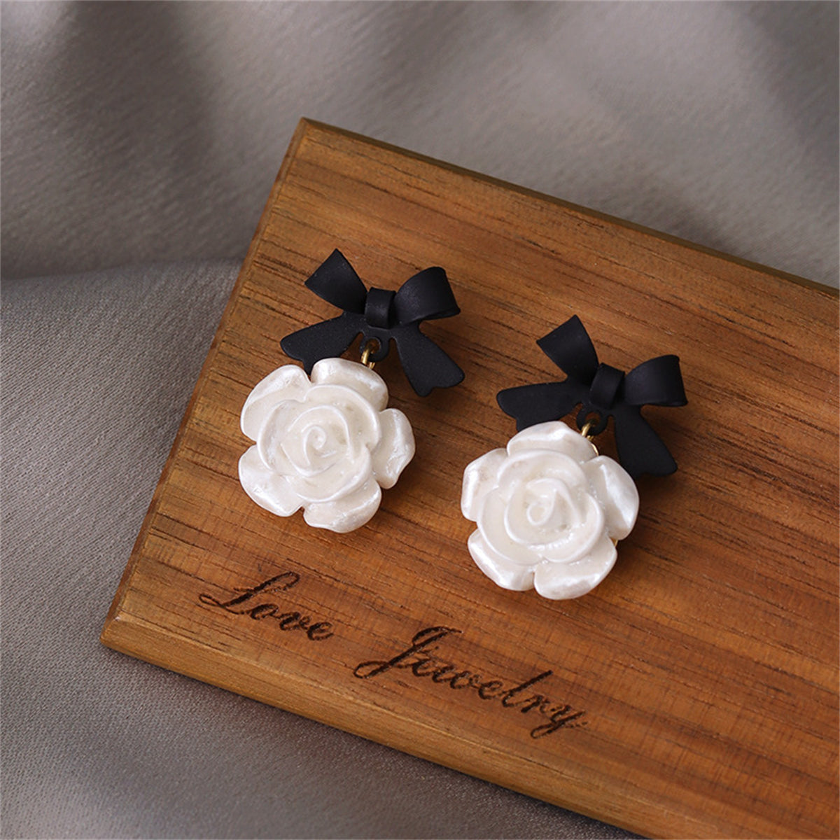 Black Enamel and Resin 18K Gold-Plated Bow Flower Drop Earrings, gold drop earrings for women, styled look