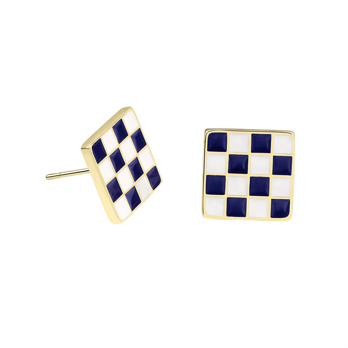 Blue Enamel & 18K Gold-Plated Plaid Square Stud Earrings