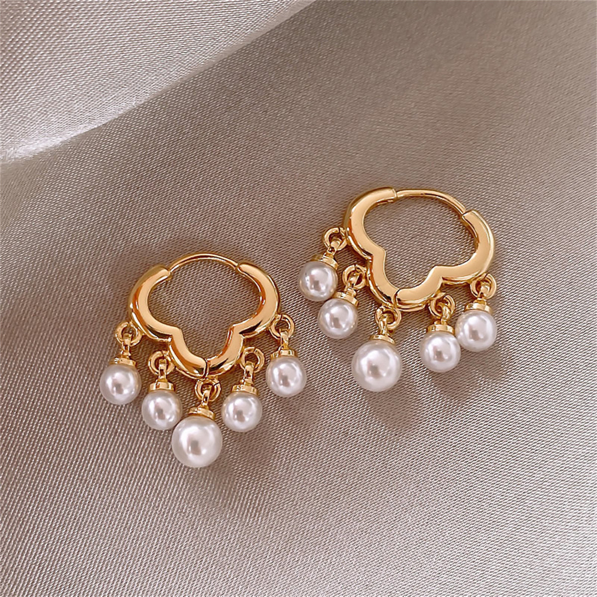 Pearl and 18K Gold-Plated Cloud Tassel Drop Earrings, gold drop earrings for women, vintage-inspired design, detail close-up