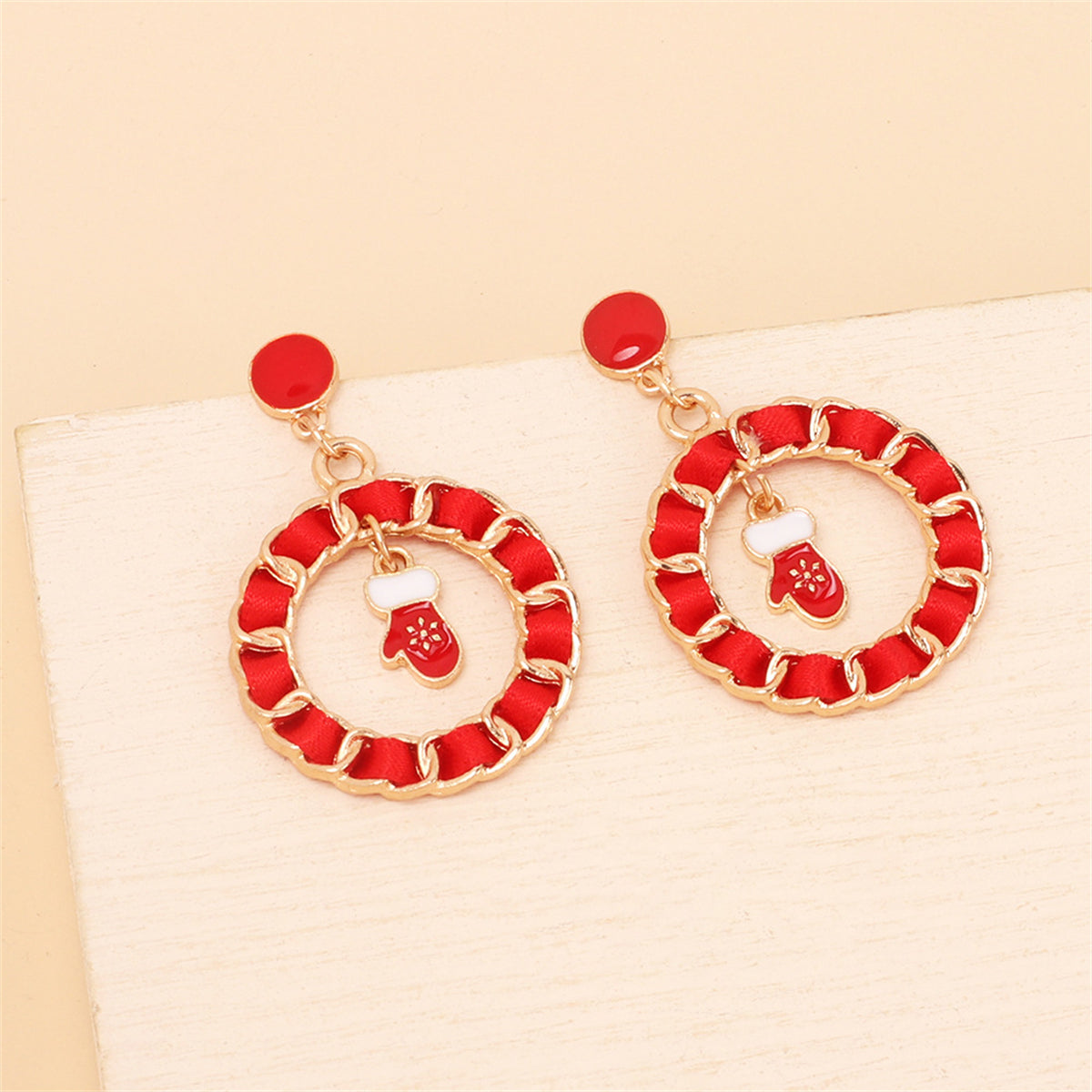 Red Ribbon & Enamel 18K Gold-Plated Mitten Figaro Drop Earrings
