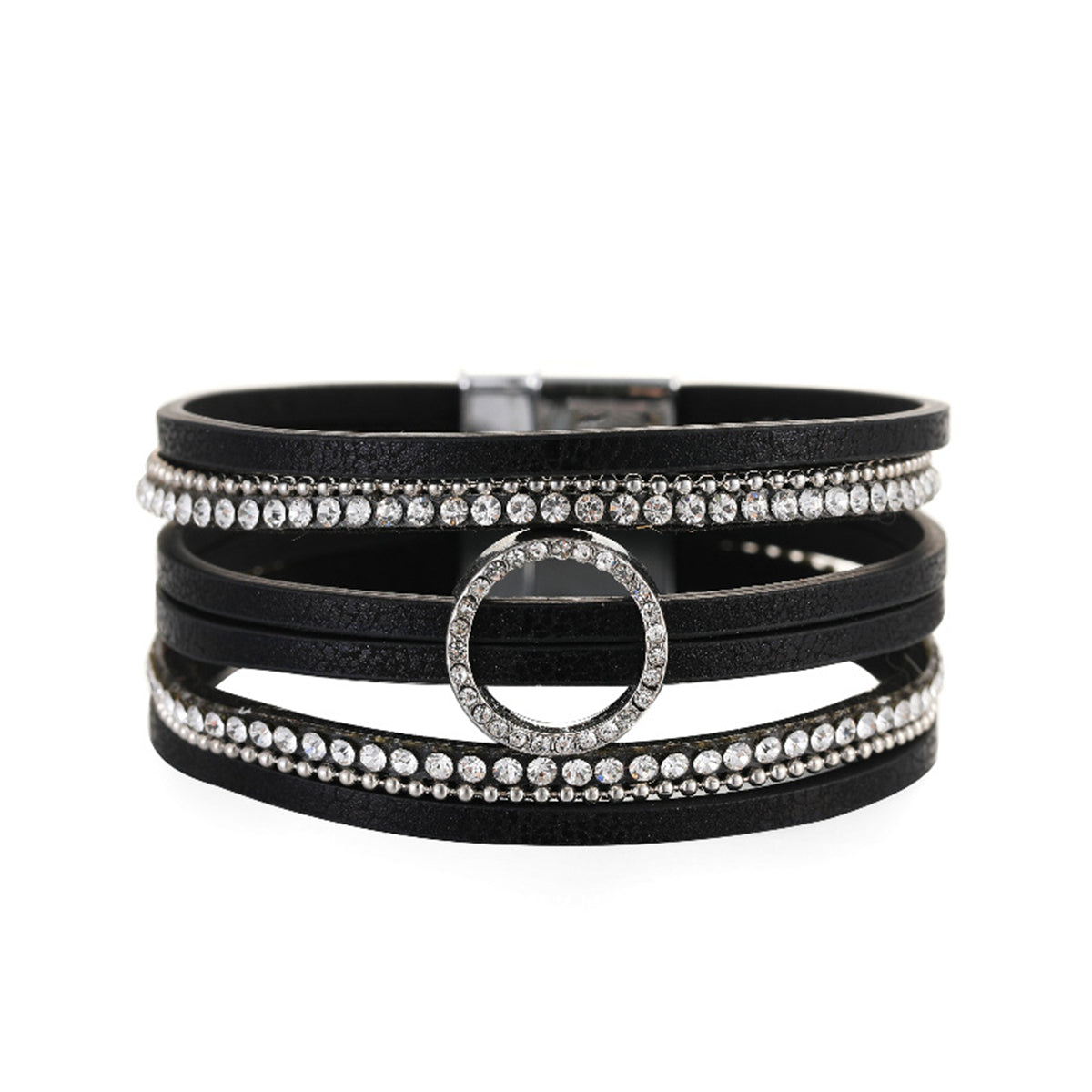 Black Polystyrene and Cubic Zirconia Silver-Plated Bead-Chain Circle-Charm Bangle, silver bracelet for women, front view