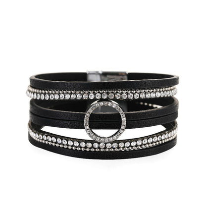 Black Polystyrene and Cubic Zirconia Silver-Plated Bead-Chain Circle-Charm Bangle, silver bracelet for women, front view