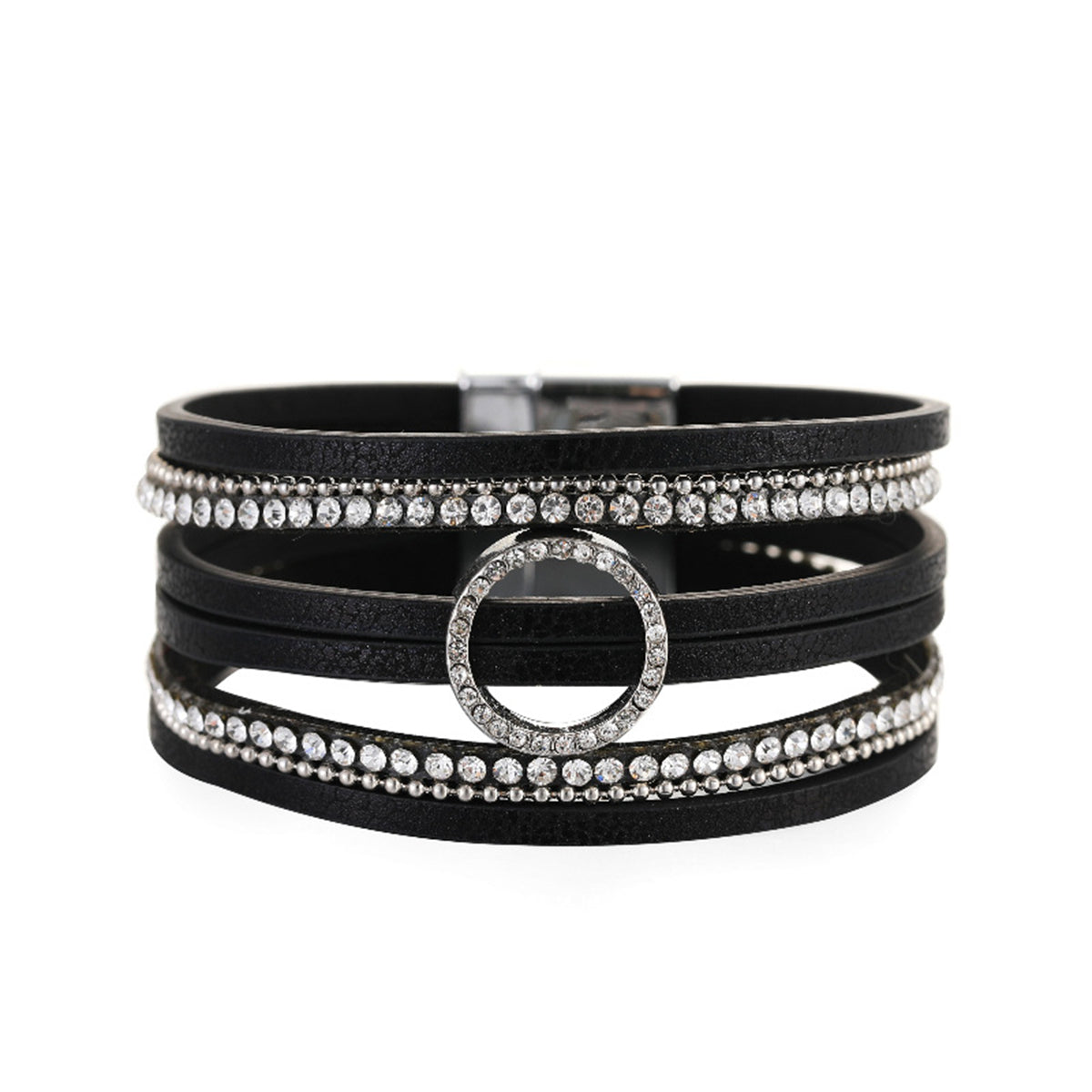 Black Polystyrene & Cubic Zirconia Silver-Plated Bead-Chain Circle-Charm Bangle