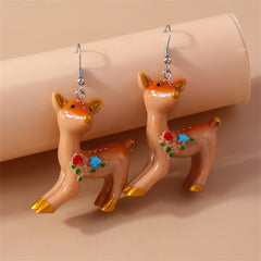 Brown & Silver-Plated Flower Deer Drop Earrings