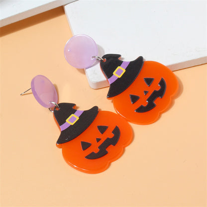 Orange Witch Hat Jack-O'-Lantern Drop Earrings, drop earrings for women, vintage-inspired design, detail close-up