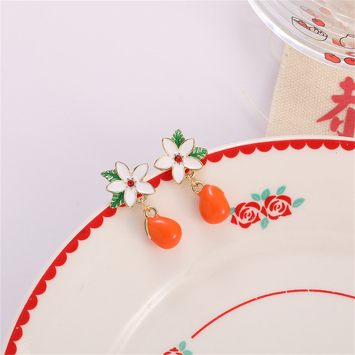 Cubic Zirconia and Orange Gardenia and Persimmon Drop Earrings, drop earrings for women, botanical inspired, lifestyle look