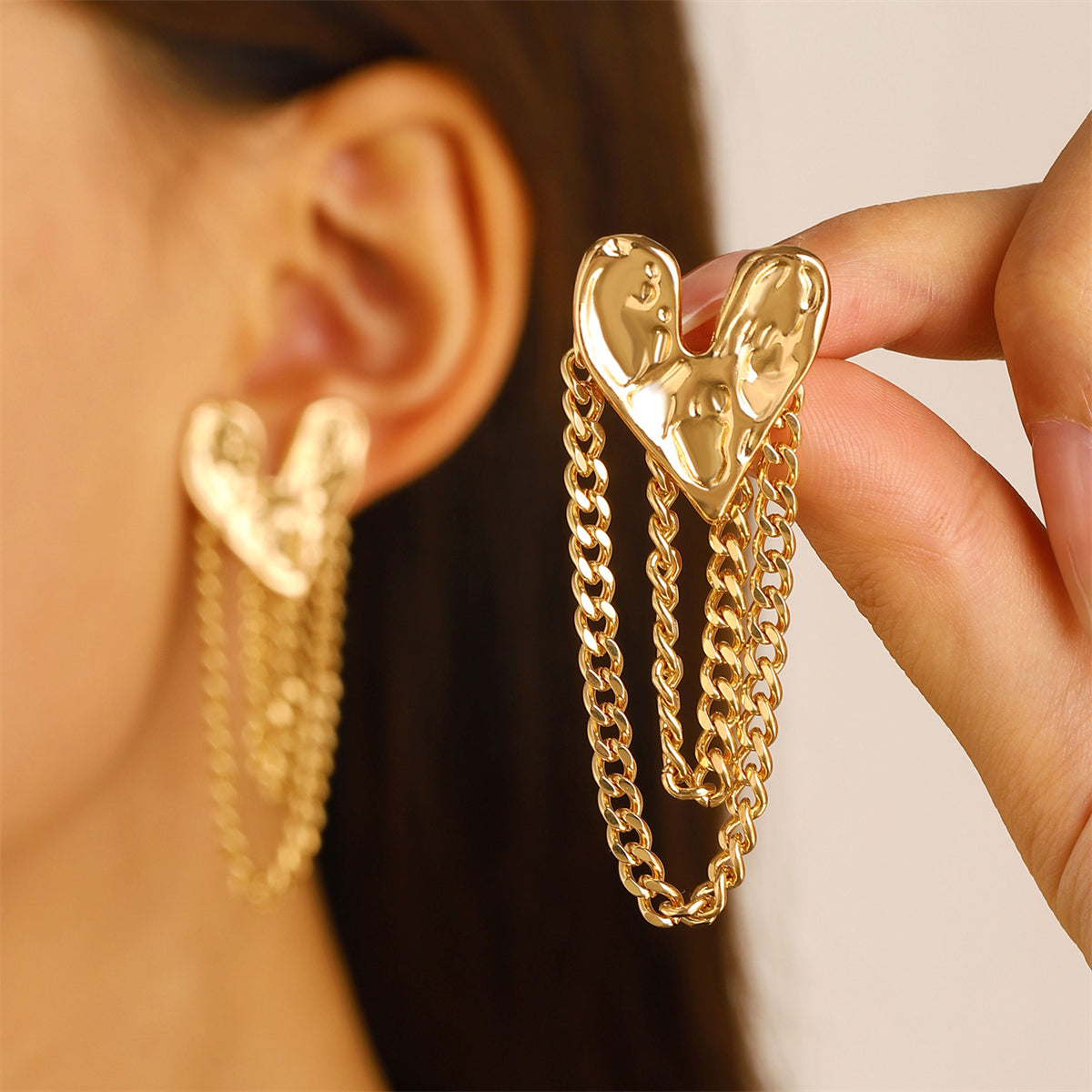 18K Gold-Plated Heart Chain Drop Earrings, gold drop earrings for women, botanical inspired, styled look