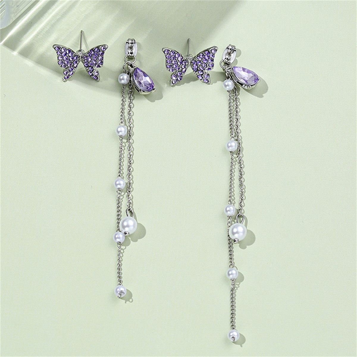 Purple Cubic Zirconia & Pearl Butterfly Tassel Ear Jackets