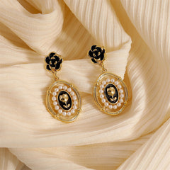 Pearl & Black Enamel 18K Gold-Plated Floral Cameo Drop Earrings