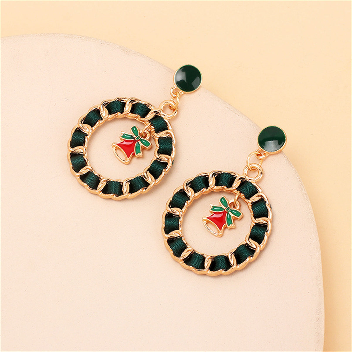 Black Ribbon and Enamel 18K Gold-Plated Bell Figaro Drop Earrings, gold drop earrings for women, detail close-up