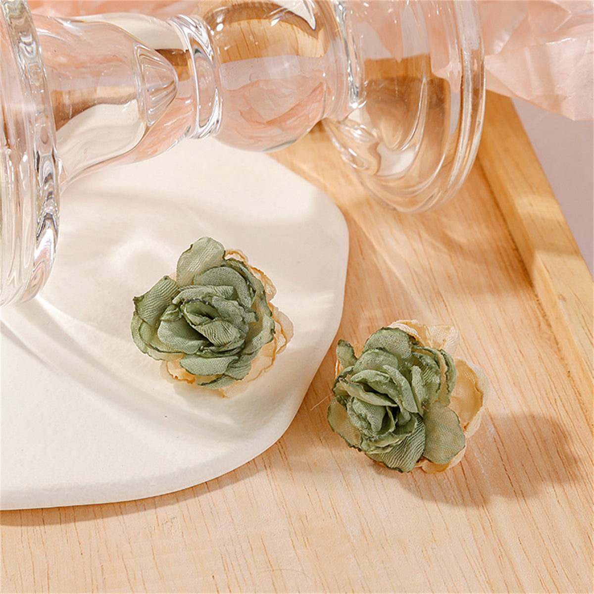 Beige and Green Chiffon Layered Floral Stud Earrings, stud earrings for women, dainty minimalist design, detail close-up