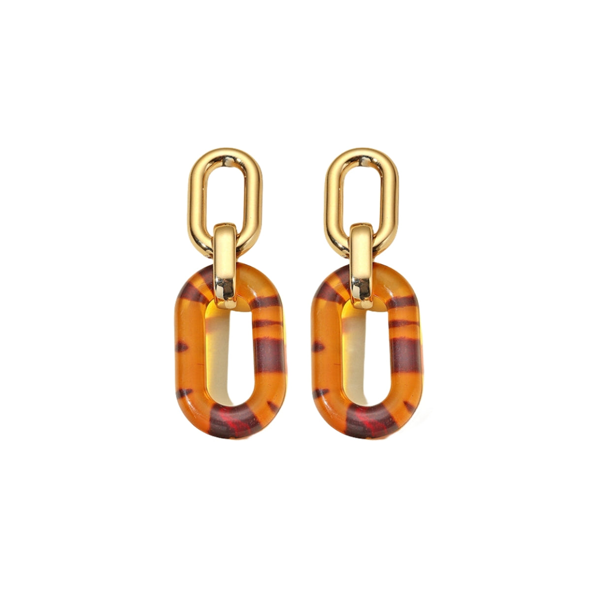 Brown Resin and 18K Gold-Plated Chain Link Drop Earrings, gold drop earrings for women, dainty minimalist design, styled look